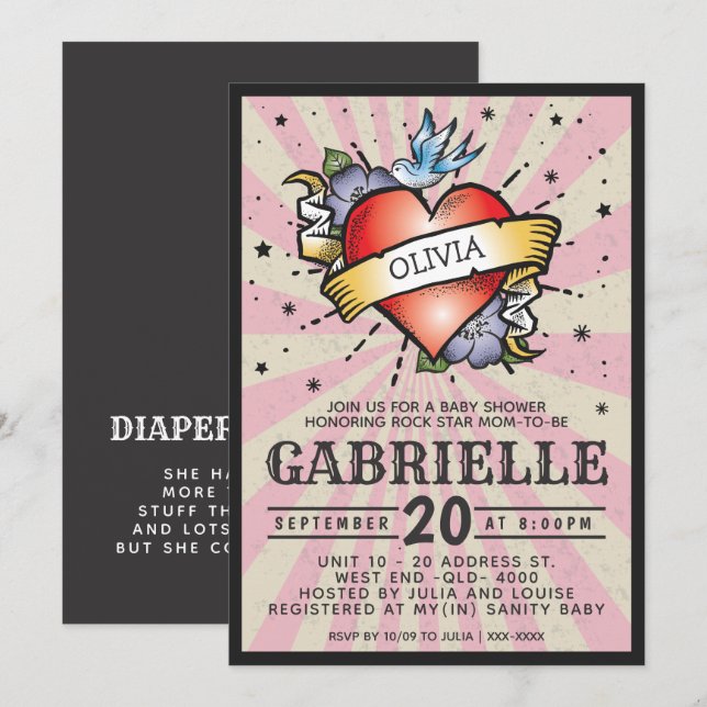 Invitation Nom de bébé rose Baby shower de tatouage de roche  (Devant / Derrière)