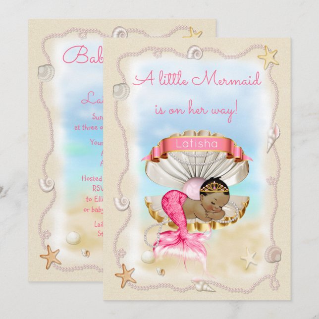 Invitation Nom de la princesse d'ethnie Mermaid sur Clam Shel (Devant / Derrière)