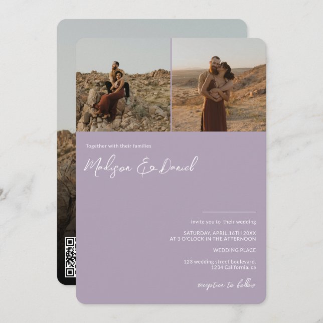 Invitation Nom de script de lavande 3 photos code qr mariage (Devant / Derrière)