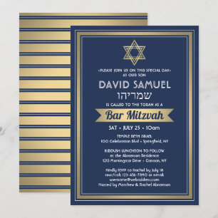 Invitation Nom hébreu Bar Mitzvah Bleu Nuit Blanc & Or