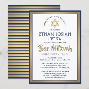 Invitation Nom hébreu Bar Mitzvah Elegant Gold White & Navy