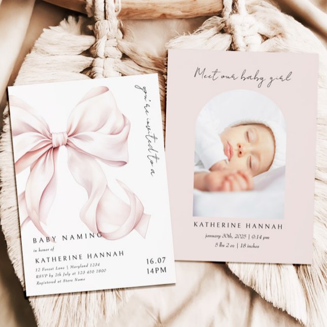 Invitation Nom moderne de bébé cou rose (Créateur téléchargé)