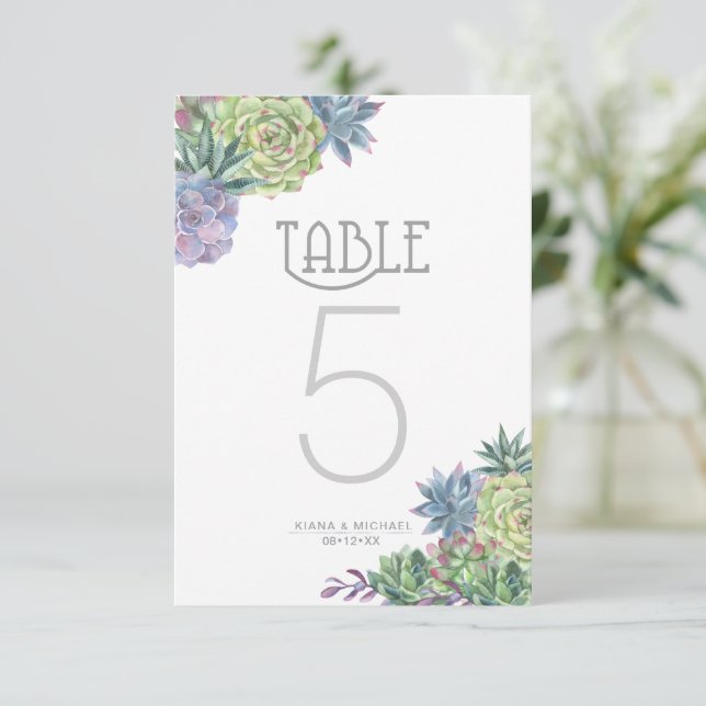 Invitation Nombres de table avec plantes grasses et scintille (Debout devant)