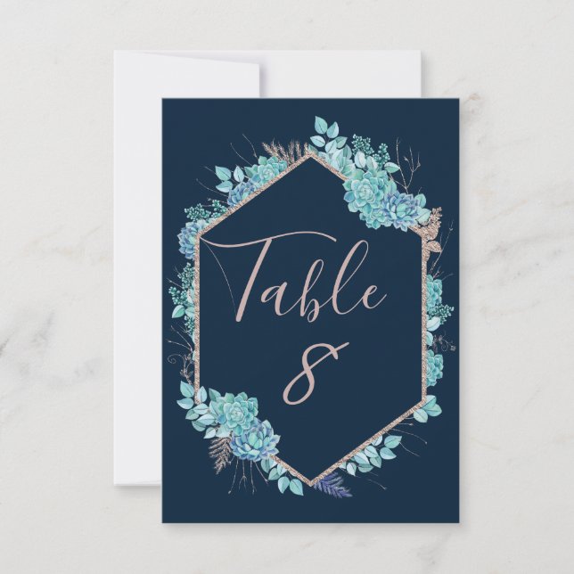 Invitation Nombres de table de mariage Navy Succulents & Rose (Devant)