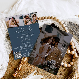 Invitation Noms calligraphie bleu 4 photo tout en un mariage