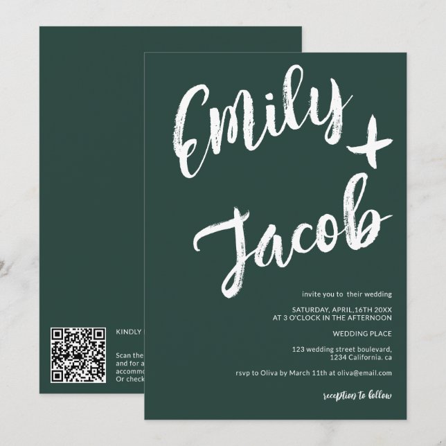 Invitation Noms de brosse moderne vert mariage de code qr (Devant / Derrière)