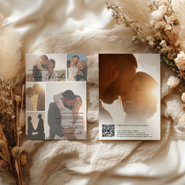 Invitation Noms de code Qr de script minimal 6-Photo Mariage  (Modern Script Qr code Names 6-Photo Grid Wedding Invitation)