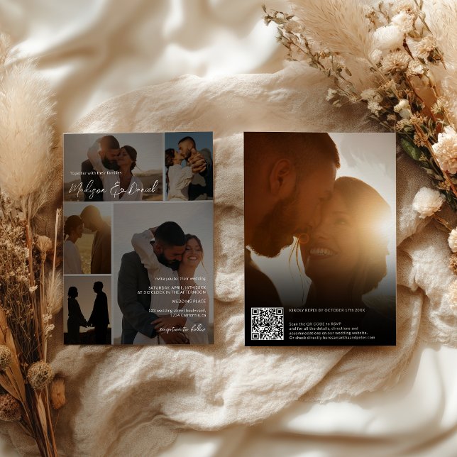 Invitation Noms de code Qr de script moderne 6 photos Mariage (Modern Script Qr code Names 6-Photo Grid Wedding Invitation)