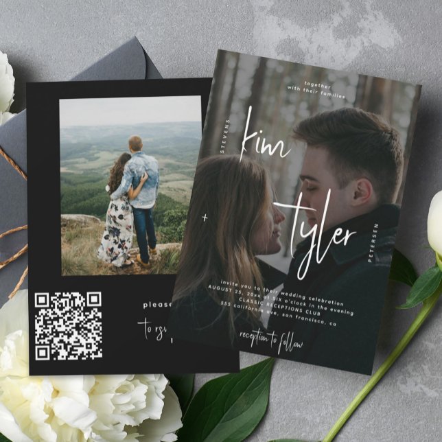 Invitation Noms de script CODE QR moderne 2 photos mariage (Créateur téléchargé)
