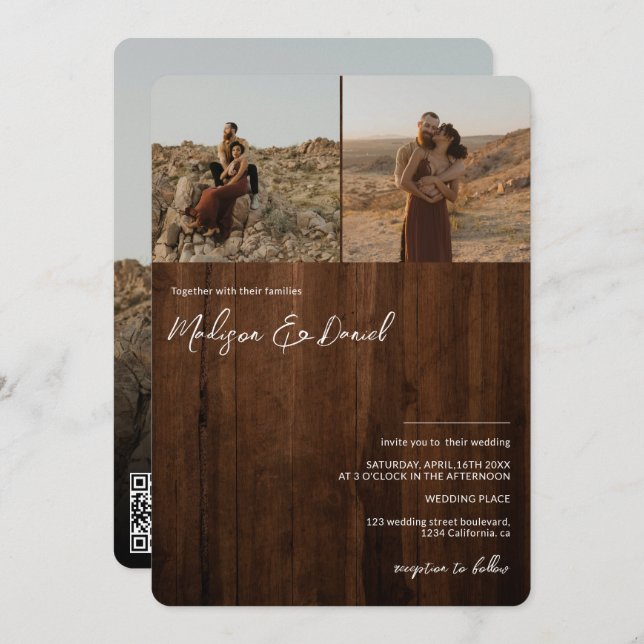 Invitation Noms de script en bois rustique 3 photos code QR m (Devant / Derrière)
