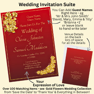 Invitation Noms des invités, Roses dorées Mariage Rouge borde