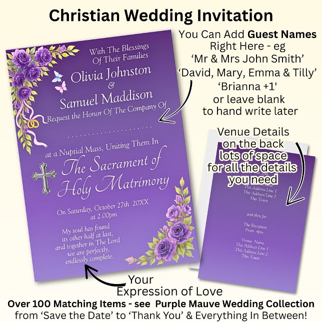 Invitation Noms d'hôtes, Christian Purple Fleurs Mauve Blanc (Créateur téléchargé)