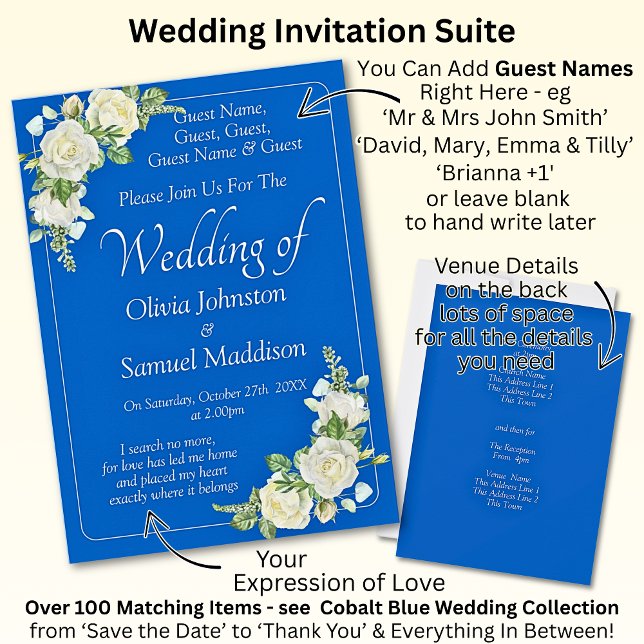 Invitation Noms d'hôtes, Mariage de roses bleu et blanc Cobal (Créateur téléchargé)
