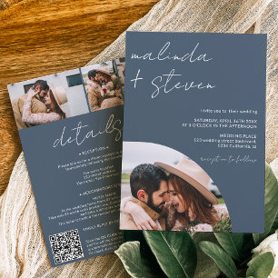 Invitation Noms script arch bleu 4 photo tout en un mariage