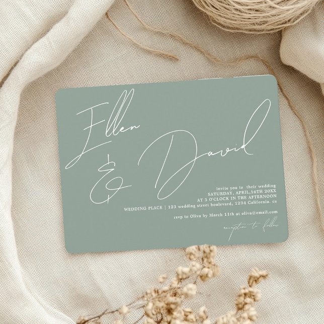 Invitation Noms simples script calligraphie sauge mariage ver (Simple names script calligraphy sage green wedding invitation)