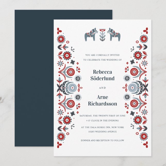 Invitation Nordic Folk Art Dala Horse Mariage scandinave (Devant / Derrière)