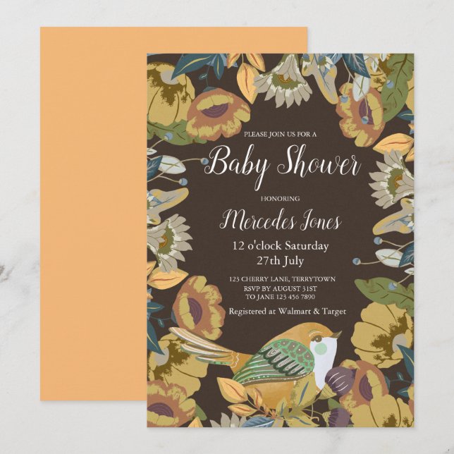 Invitation Nordic Folk Art Floral Bird Baby shower (Devant / Derrière)