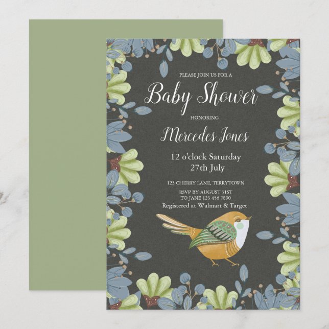 Invitation Nordic Folk Art Floral Bird Baby shower Sage Green (Devant / Derrière)
