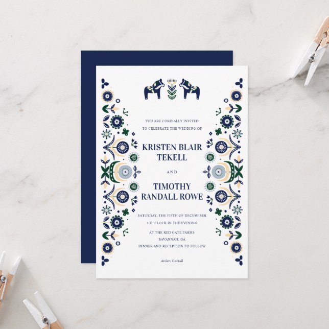 Invitation Nordic Folk Dala Horse Scandinave Mariage V1 Inv (Devant/Arrière en situation)