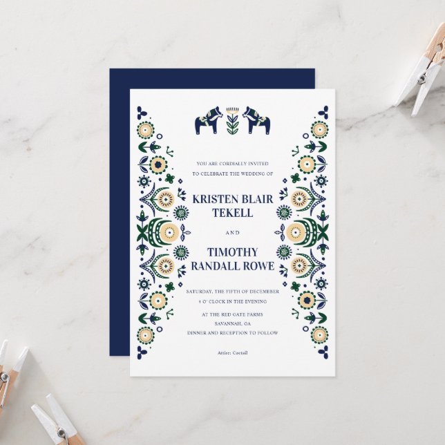 Invitation Nordic Folk Dala Horse Scandinave Mariage V2 (Devant/Arrière en situation)