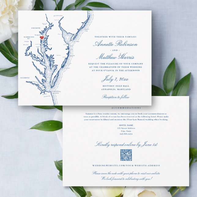 Invitation North Beach MD all-in-one QR code RSVP Mariage (North Beach MD all-in-one QR code Wedding Invitation in elegant navy blue with details on the back )