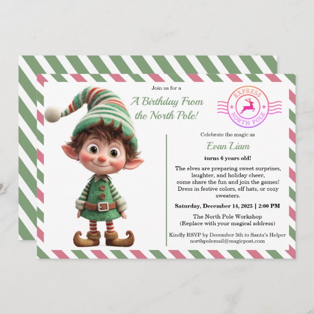 Invitation North Pole Birthday Magic | Enchanted Elf (Devant / Derrière)
