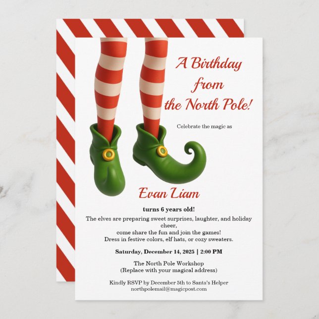 Invitation North Pole Birthday Magic | Enchanted Elf (Devant / Derrière)