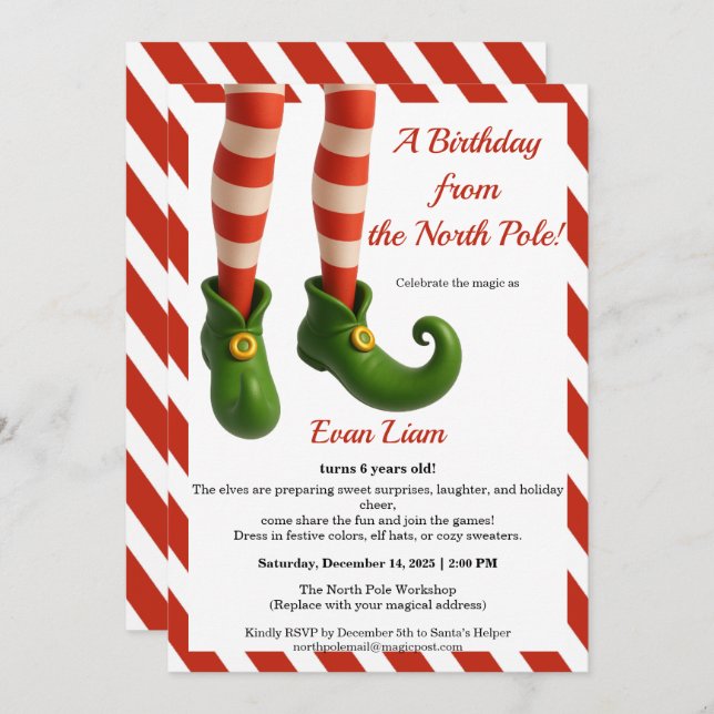 Invitation North Pole Birthday Magic | Enchanted Elf (Devant / Derrière)