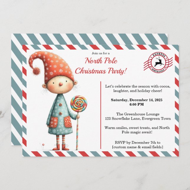 Invitation North Pole party Magic | Enchanted Elf (Devant / Derrière)