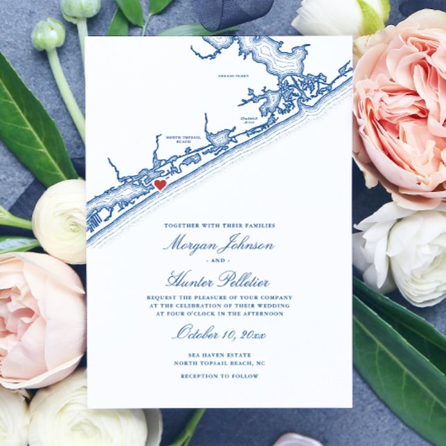 Invitation North Topsail Beach Map Elegant Navy Blue Wedding (North Topsail Beach NC Wedding Invitationin Elegant Navy Blue from Coastal Map Designs)