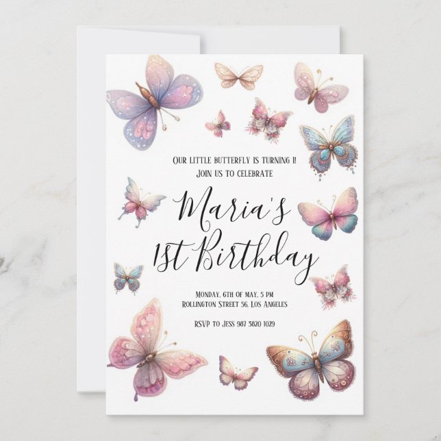 Invitation Nos Petites Filles Papillon Rose Anniversaire (Devant)