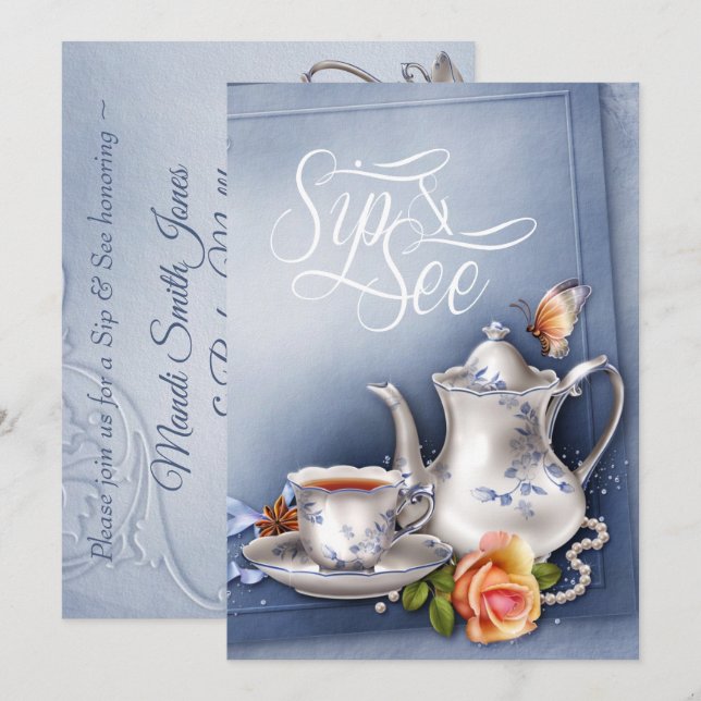 Invitation Nostalgale Blue Tea Party Sip et voir Baby shower (Devant / Derrière)