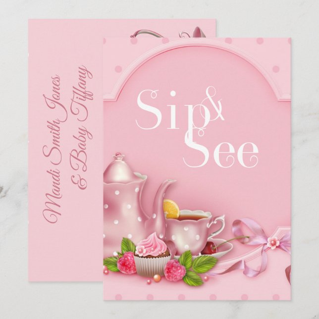 Invitation Nostalgale Tea Party Sip et voir Baby shower (Devant / Derrière)