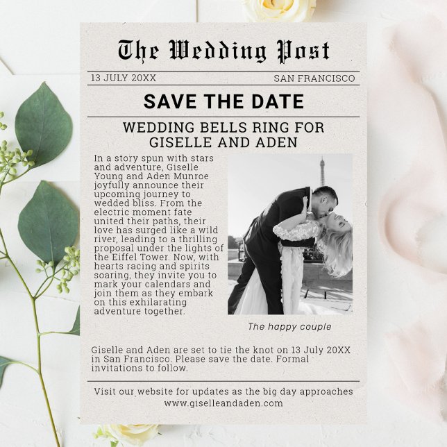 Invitation Nostalgic Newspaper Wedding Enregistrer la date (Newspaper Wedding Save the Date)