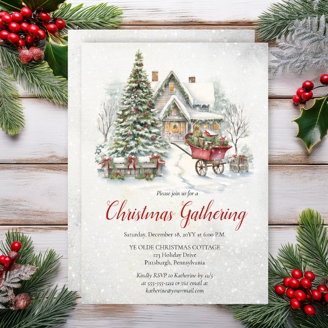 Invitation Nostalgic Vintage Cottage Christmas Gathering (Nostalgic Vintage Cottage Holiday Christmas Gathering Invitation - Print | Digital Download)