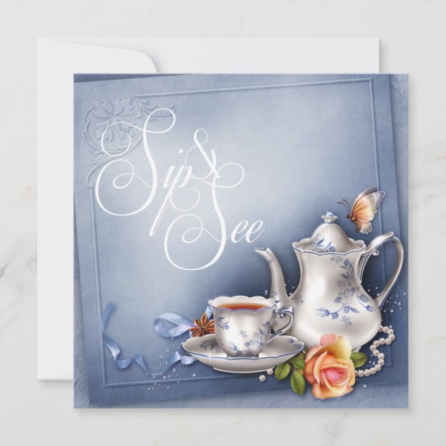 Invitation Nostalgique thé bleu Sip et voir Baby shower (Devant)