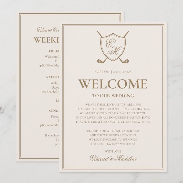 Invitation Note de bienvenue de mariage de golf à monogramme  (Devant / Derrière)