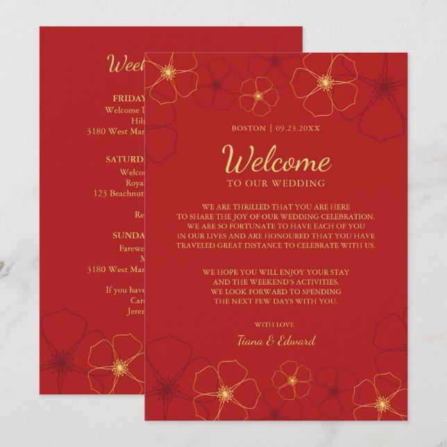 Invitation Note de bienvenue de mariage Fleurs de cerisier Or (Devant / Derrière)