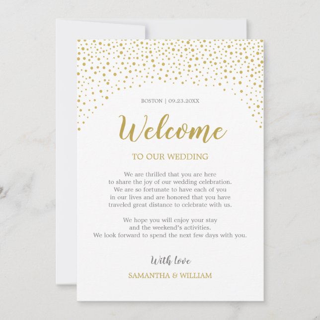 Invitation Note de bienvenue du Mariage Gold Confetti | Chois (Devant)