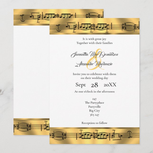 Invitation Note de musique dorée mariage (Devant / Derrière)