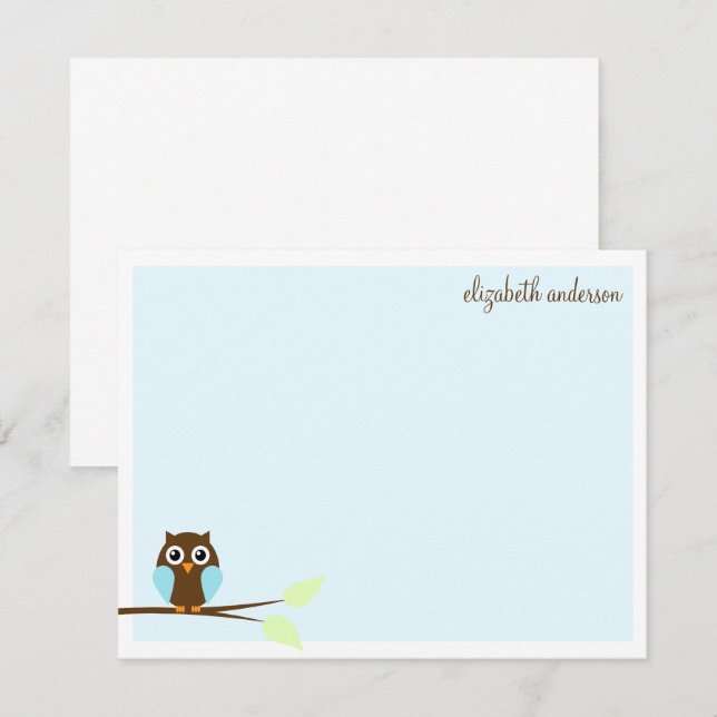 Invitation Note de remerciement pour le Cute Blue Owl Flat (Devant / Derrière)