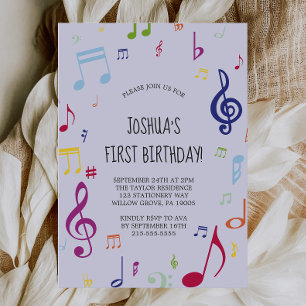 Invitation Note musicale colorée Première fête d'anniversaire