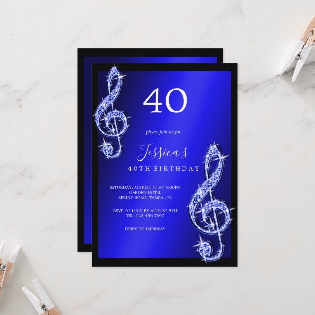 Invitation Notes de musique bleu brillant Anniversaire (Devant/Arrière en situation)