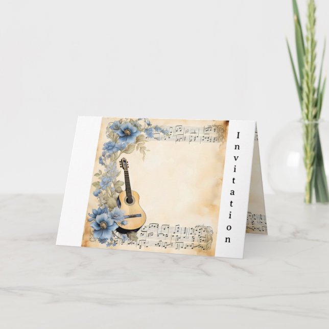 Invitation Notes de musique guitare Fleurs Bleu (Devant)