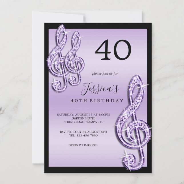 Invitation Notes de musique Lilac Glitzy Anniversaire (Devant)