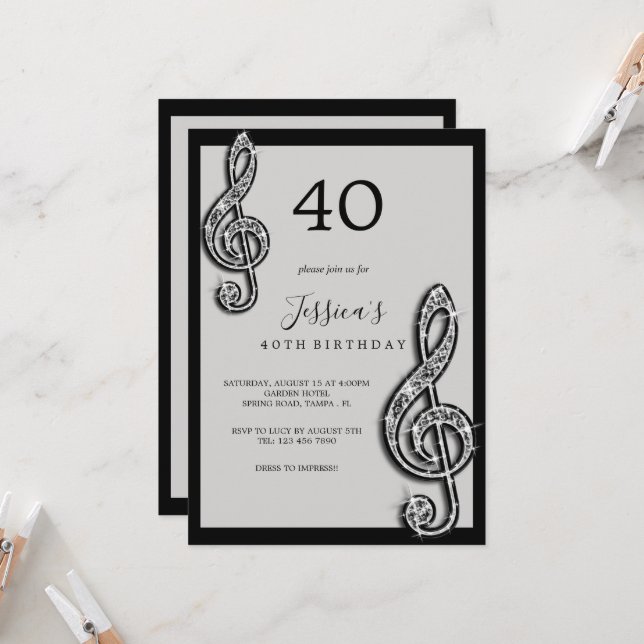 Invitation Notes de musique noire glitzy Anniversaire (Devant/Arrière en situation)