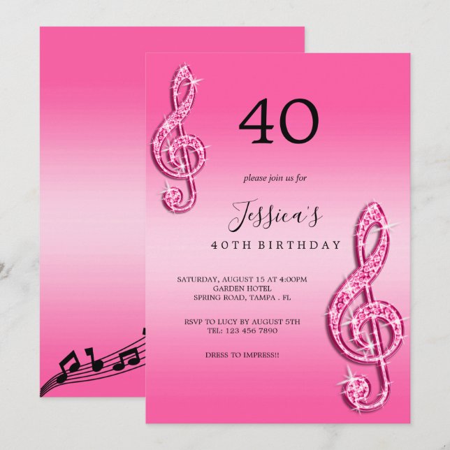 Invitation Notes de Musique Roses Étincelantes Anniversaire (Devant / Derrière)