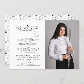 Invitation Notes musicales Black & White Photo Graduation