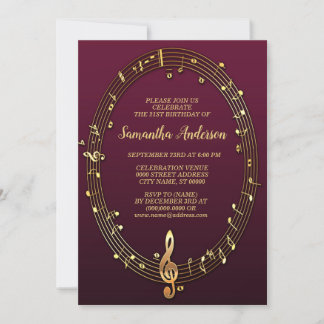 Invitation Notes musicales d'or de la fête d'anniversaire Bou
