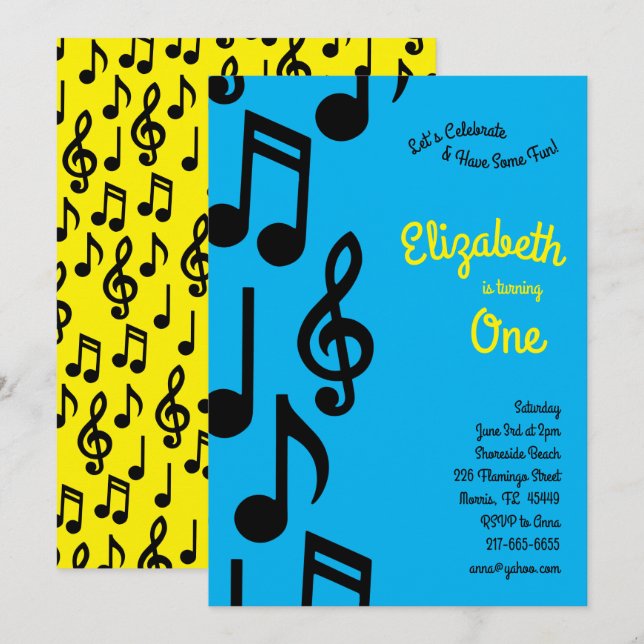 Invitation Notes musicales Jote Kids 1er anniversaire fête (Devant / Derrière)